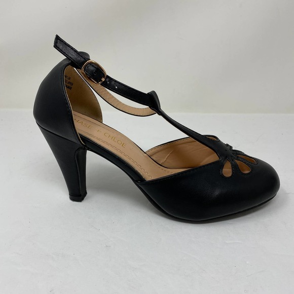 Chase + Chloe Kimmy T-Strap Pumps Black Retro - Picture 1 of 8